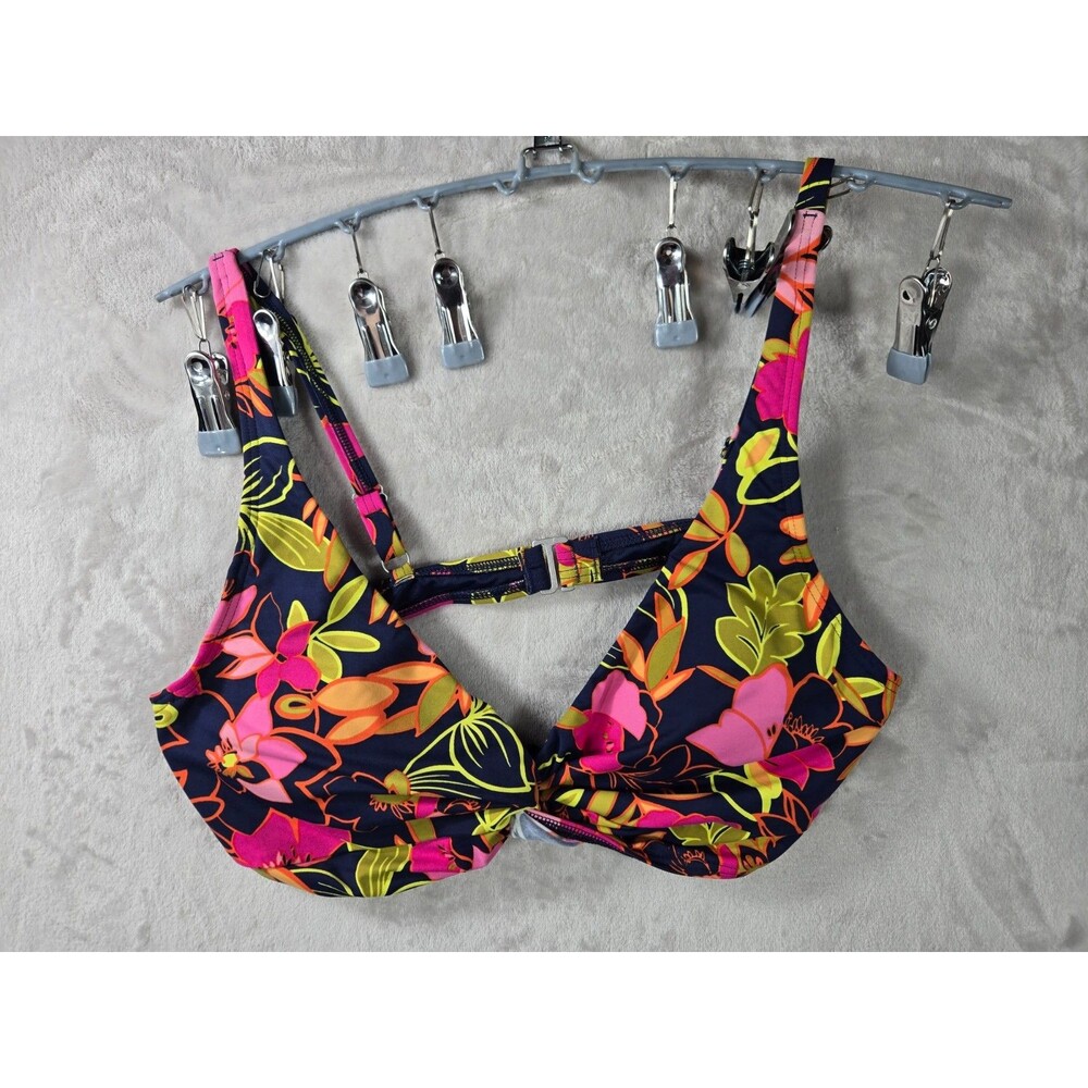 Lands End Bikini Top Size 12 Tropical Floral Underwire Navy Deep Sea Jungle
